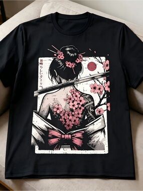 Cherry Blossom Tattoo Art black Women Men T-shirt Unisex